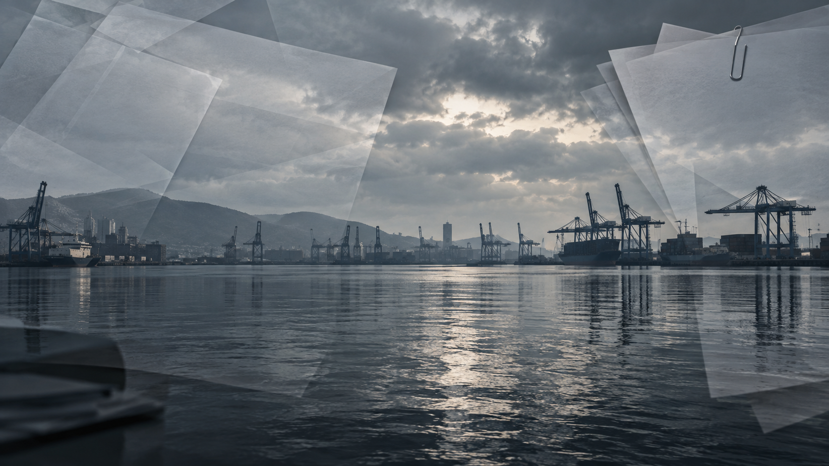 A port overlaid with layers of company documents; conceptual illustration